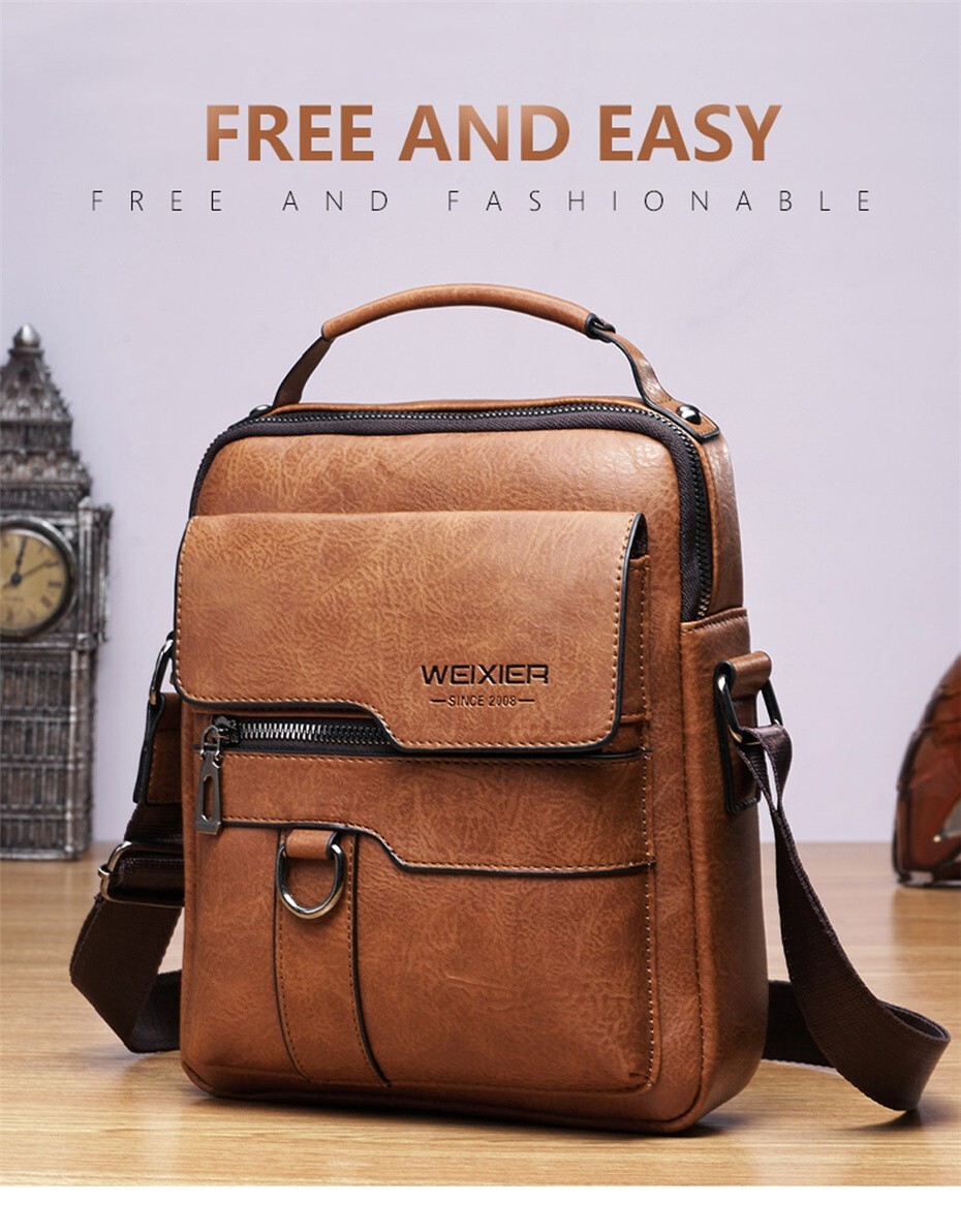 WEIXIER Men Crossbody Bag Vintage Handbag Large Capacity PU Leather Shoulder Bag