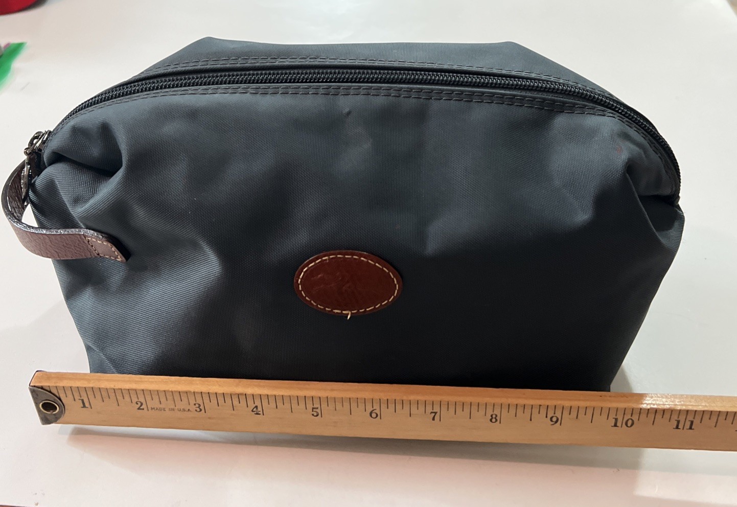 Longchamp Cosmetic Bag Nylon Grayish- Blue & Brown Leather Toiletry Travel Pouch