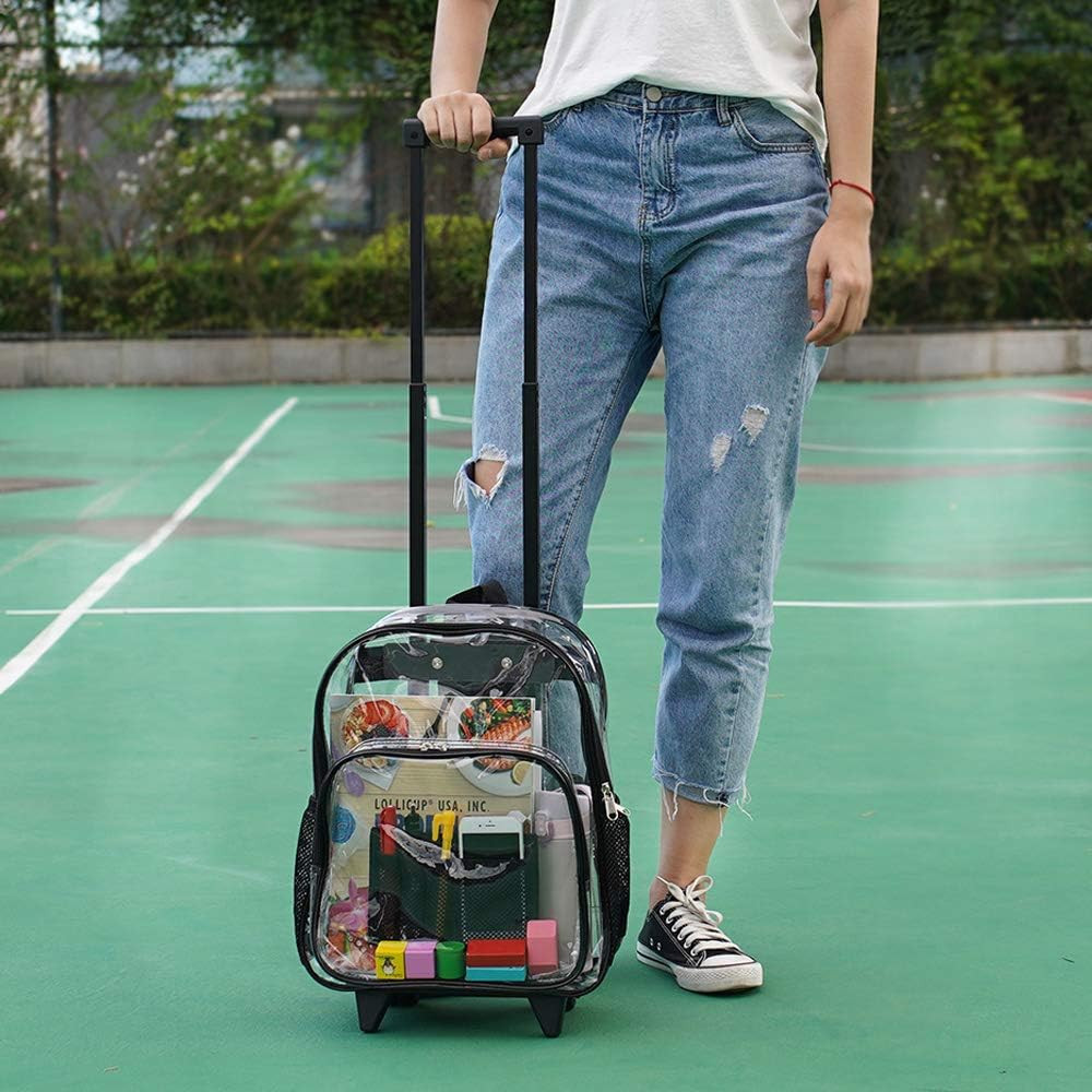 Rolling Clear Backpack, Heavy Duty See through Bookbag, Transparent PVC Cold-Res