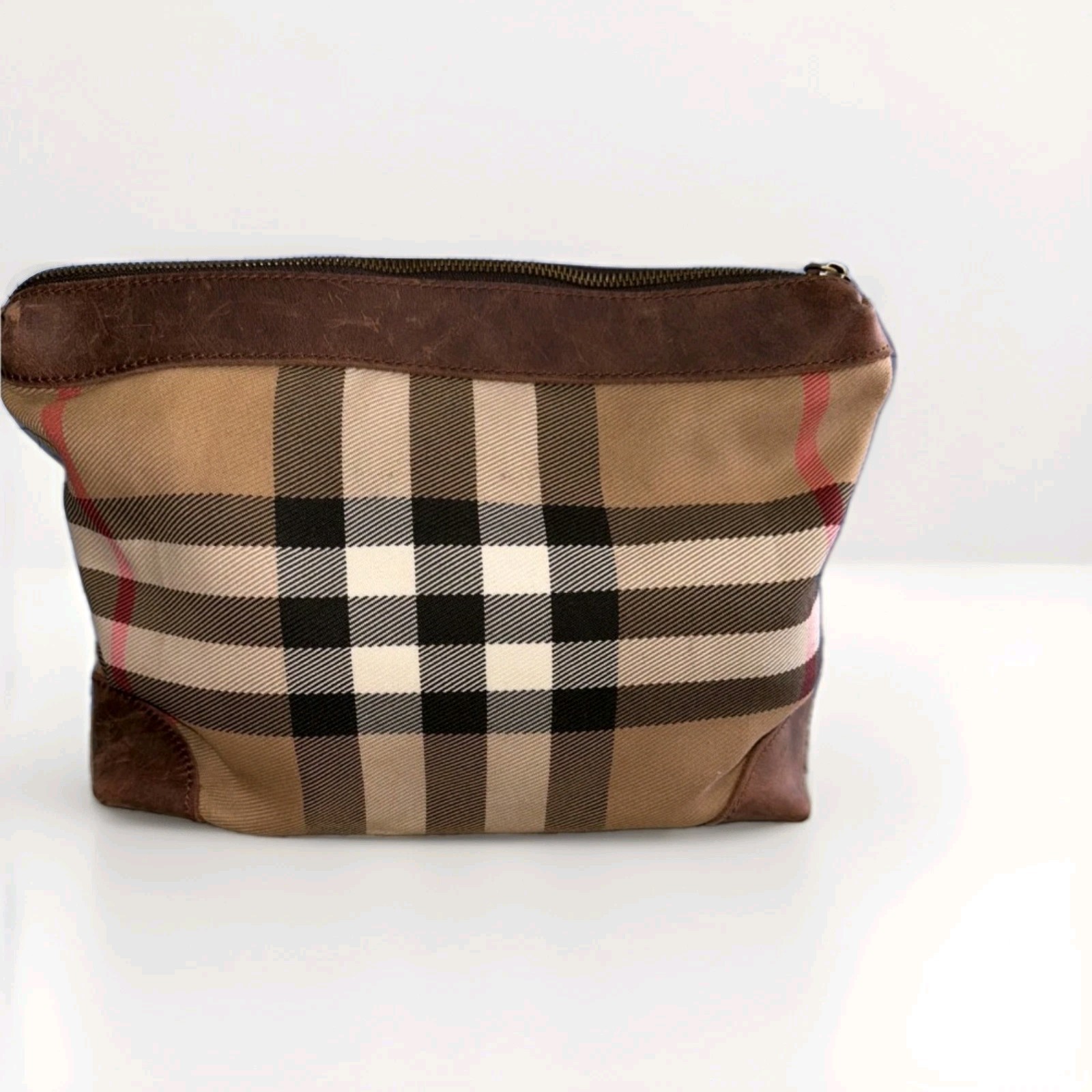 JACK & CHRIS Genuine Leather zipper Travel Pouch Bag Plaid Brown Red Tan Black
