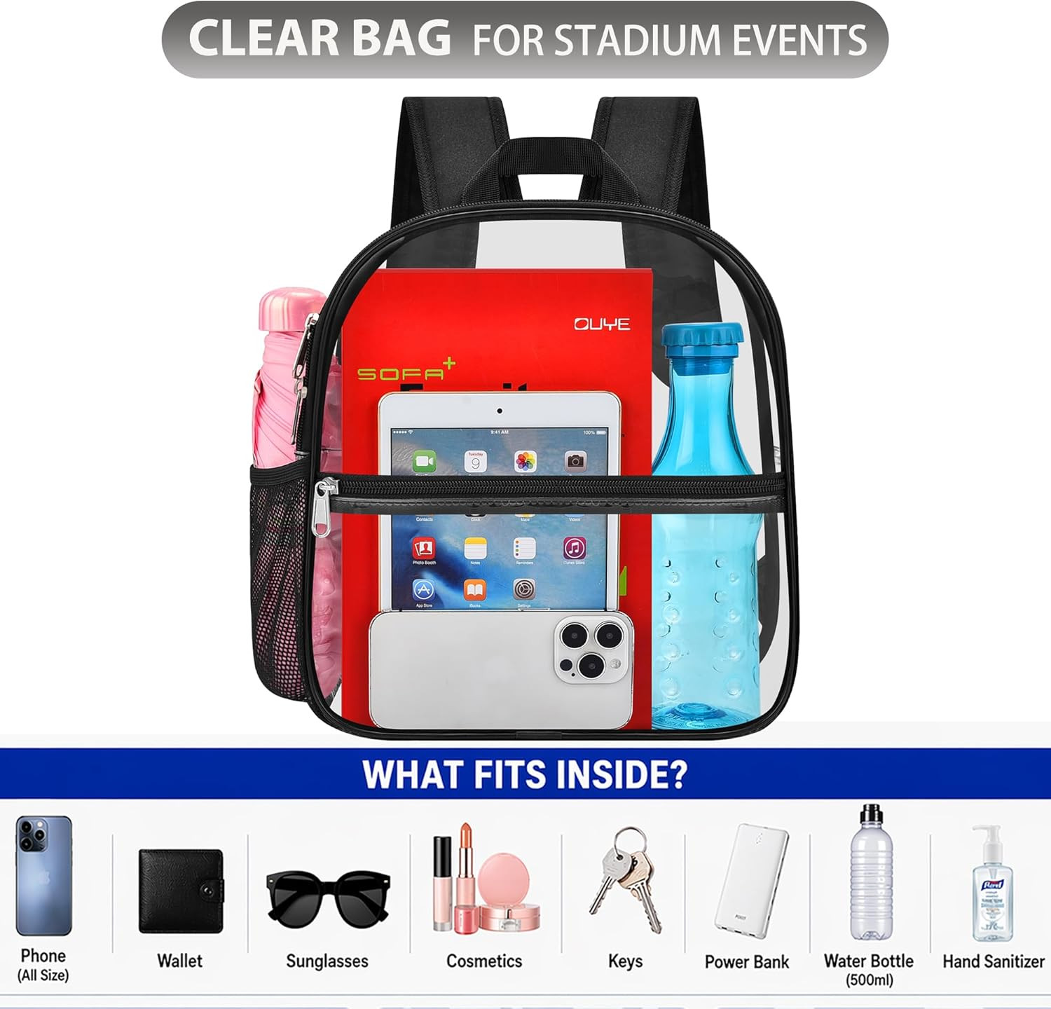 Clear Backpack Stadium Approved, Clear Bag 12 x 6 x 11 in, Small Transparent Bac