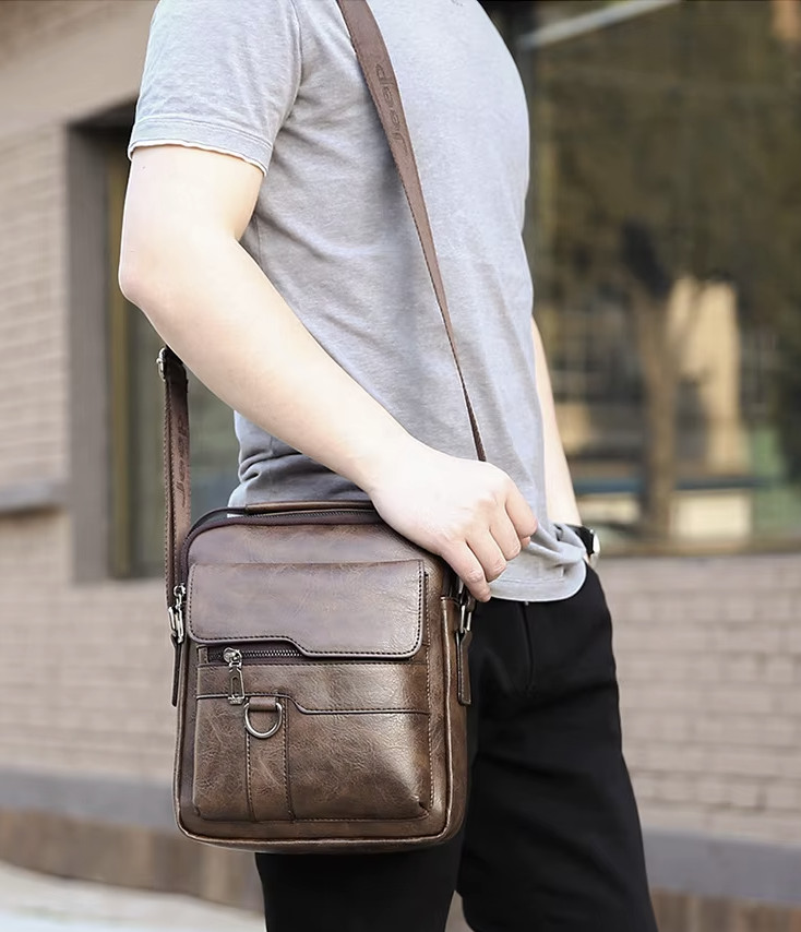 Crossbody PU Leather Waterproof Business Men Shoulder bag KHAKI