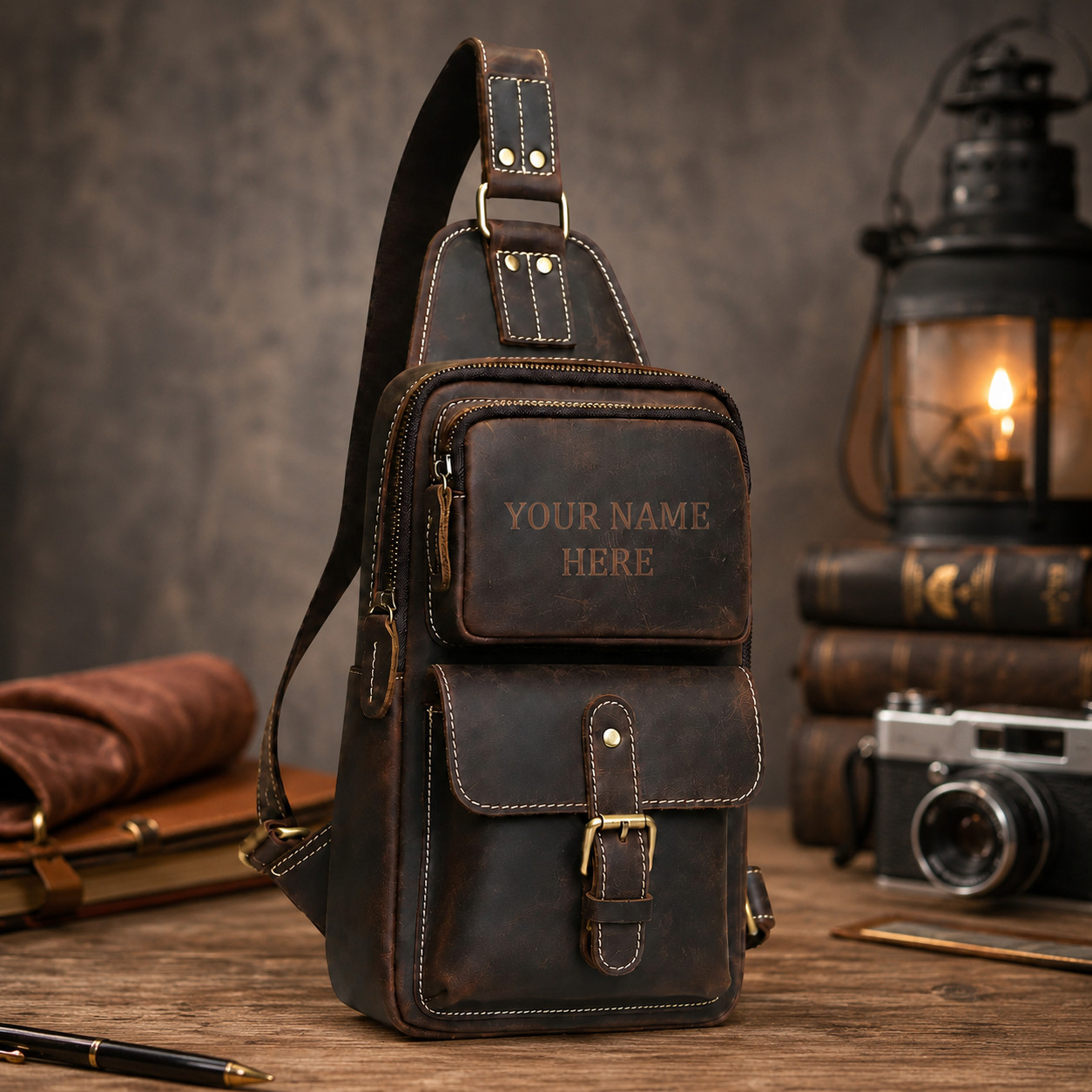 Handmade Full Grain Leather Chest Sling Bag for Men Vintage Crossbody Back
