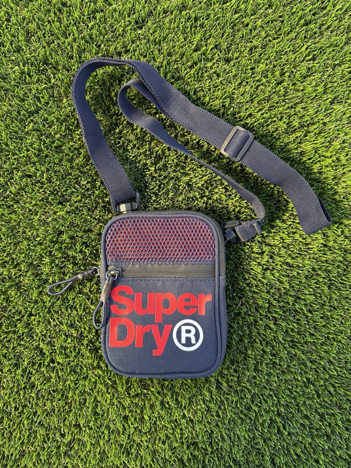 Superdry Navy Red Small Crossbody Bag Zip Closure Adjustable Strap Unisex