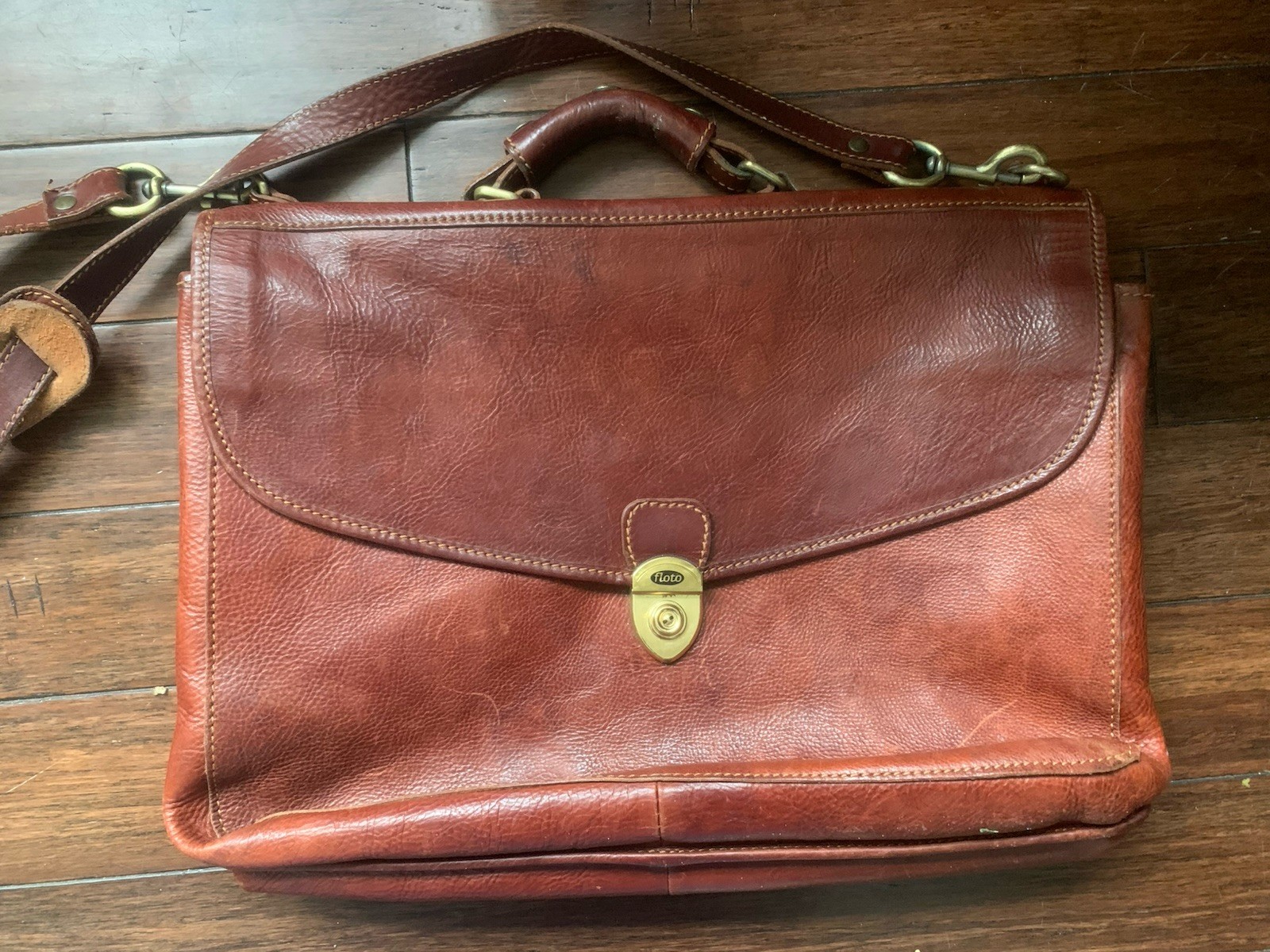 Floto Leather Briefcase Brown Made In Italy Pre-owned Good Condition