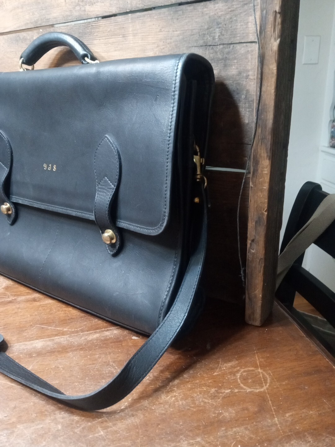 SCHLESINGER Heavy Black Leather Briefcase / Messenger Bag Made in USA