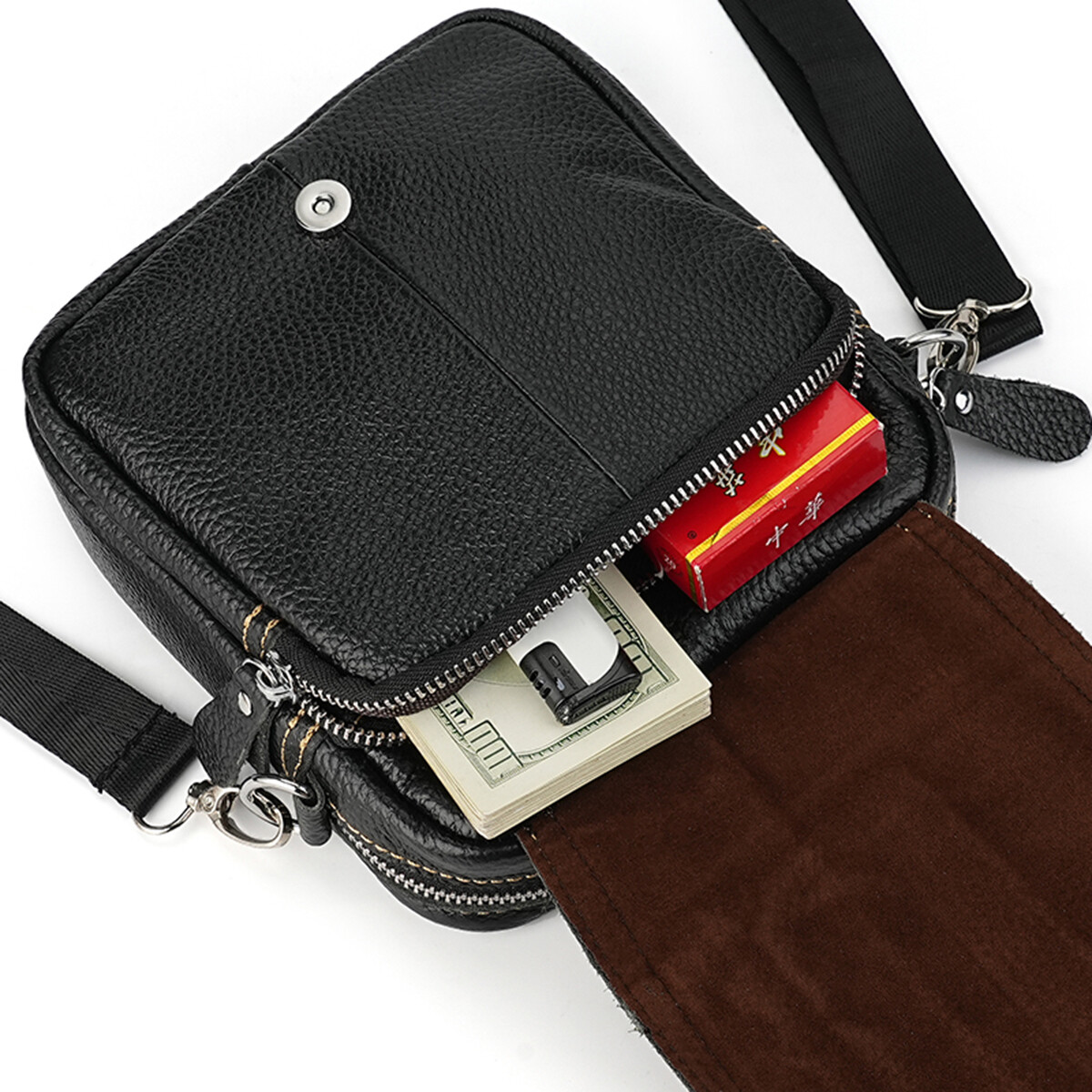Mens Genuine Leather Mini Messenger Cross Body Handbag Shoulder Bag Large Purse