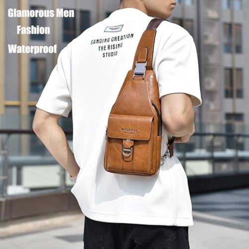 PU Leather Sling Bag for Men – Waterproof, Lightweight, Crossbody A-light Brown