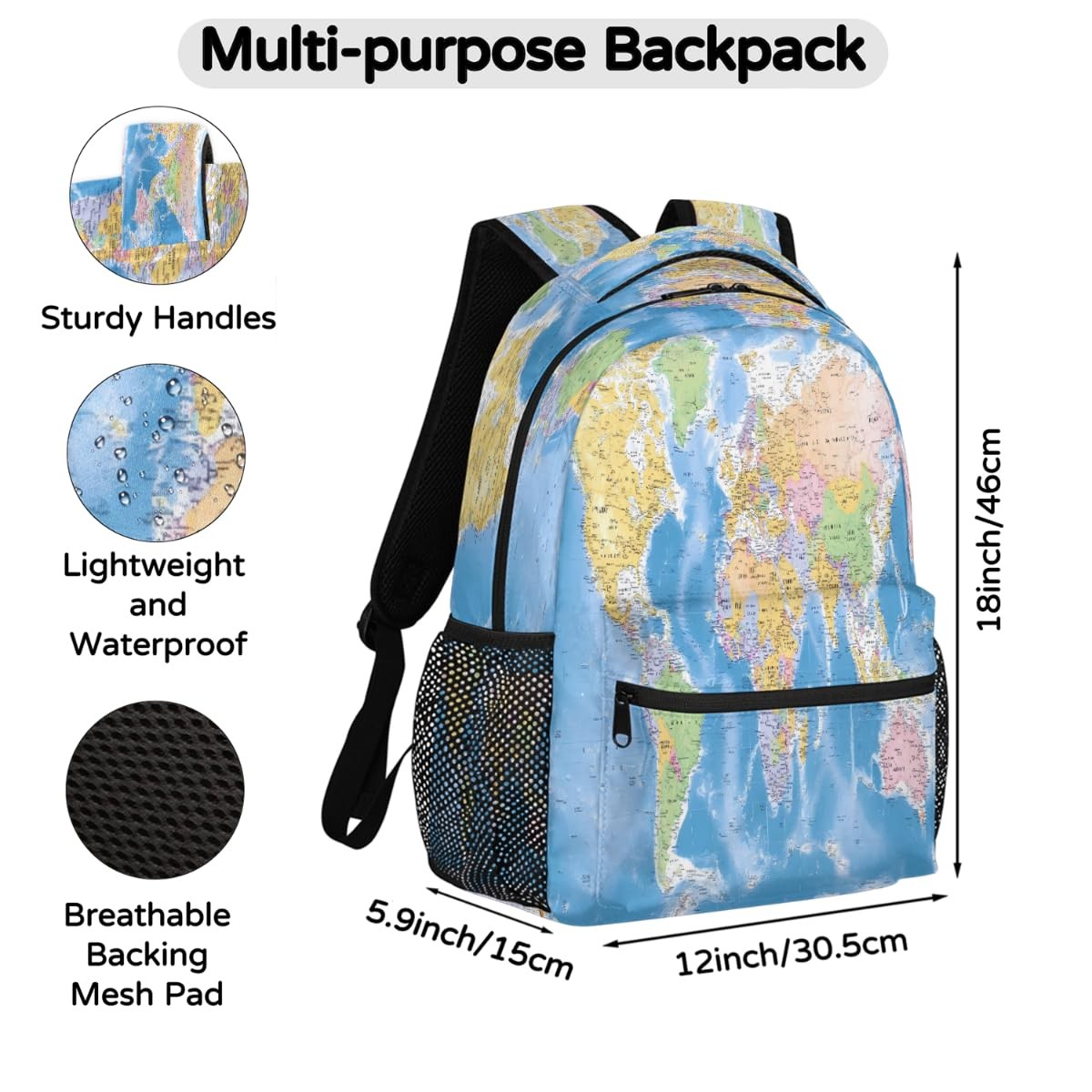 Globe World Map Backpack, School Bag, Laptop Rucksack, Travel Hiking Daypack