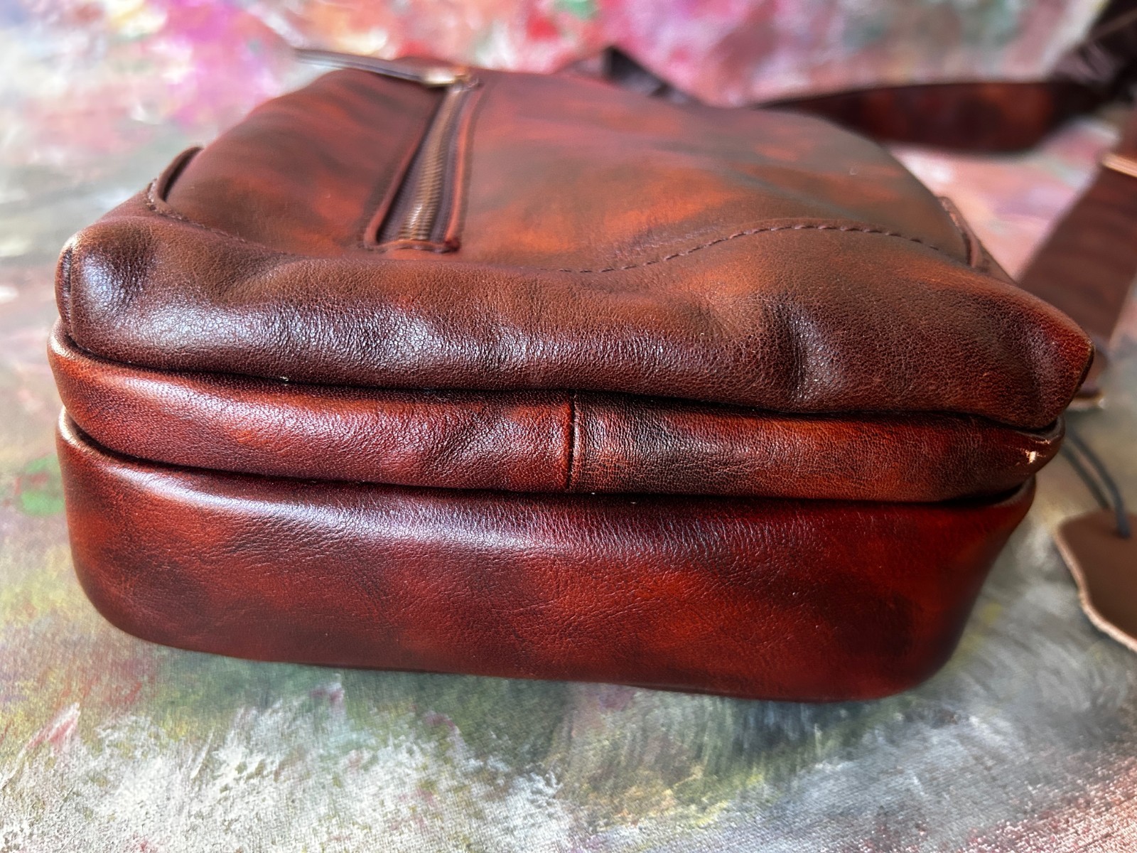 Reddish Brown Leather Sling Bag, Multi-Compartment, Medium Size, Unbranded