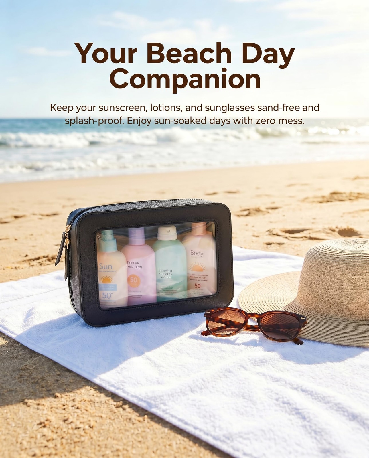 LETGO Clear Beach Makeup Bags, TSA Approved 9.25” x 6.1” x 2.75”, 0-Black
