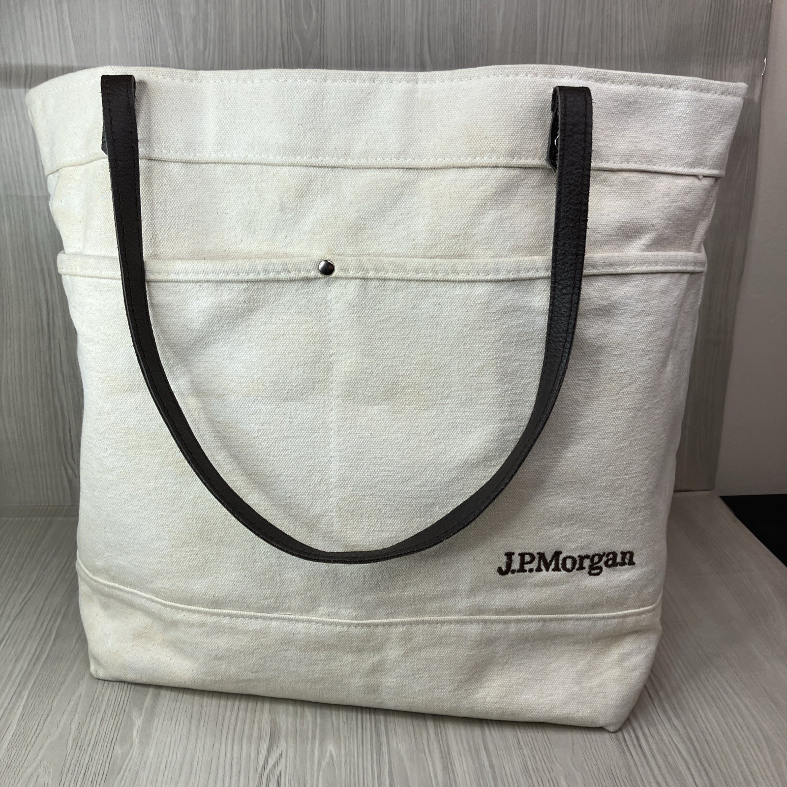 Vintage JP Morgan Scarborough & Tweed Canvas Tote Bag Embroidered Leather Handle