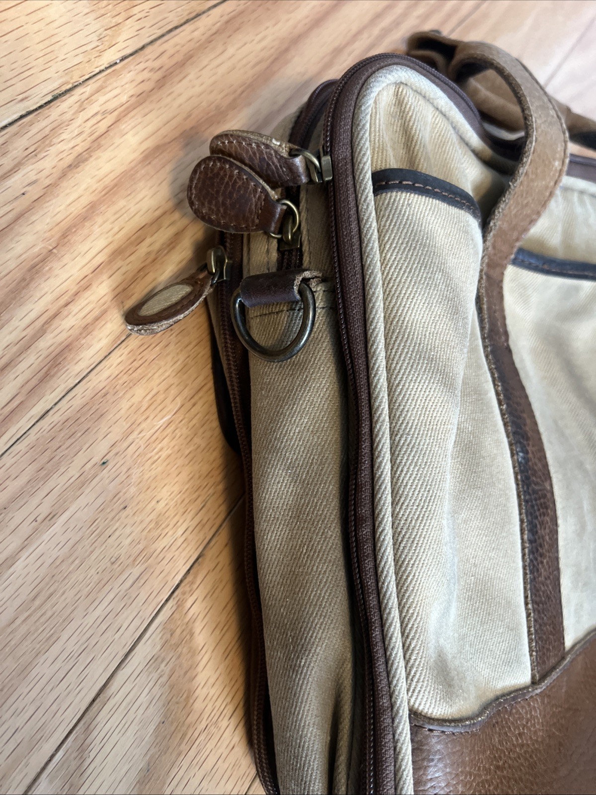 LL Bean Canvas Messenger Crossbody Bag Push Lock Leather Trim Tan Brown