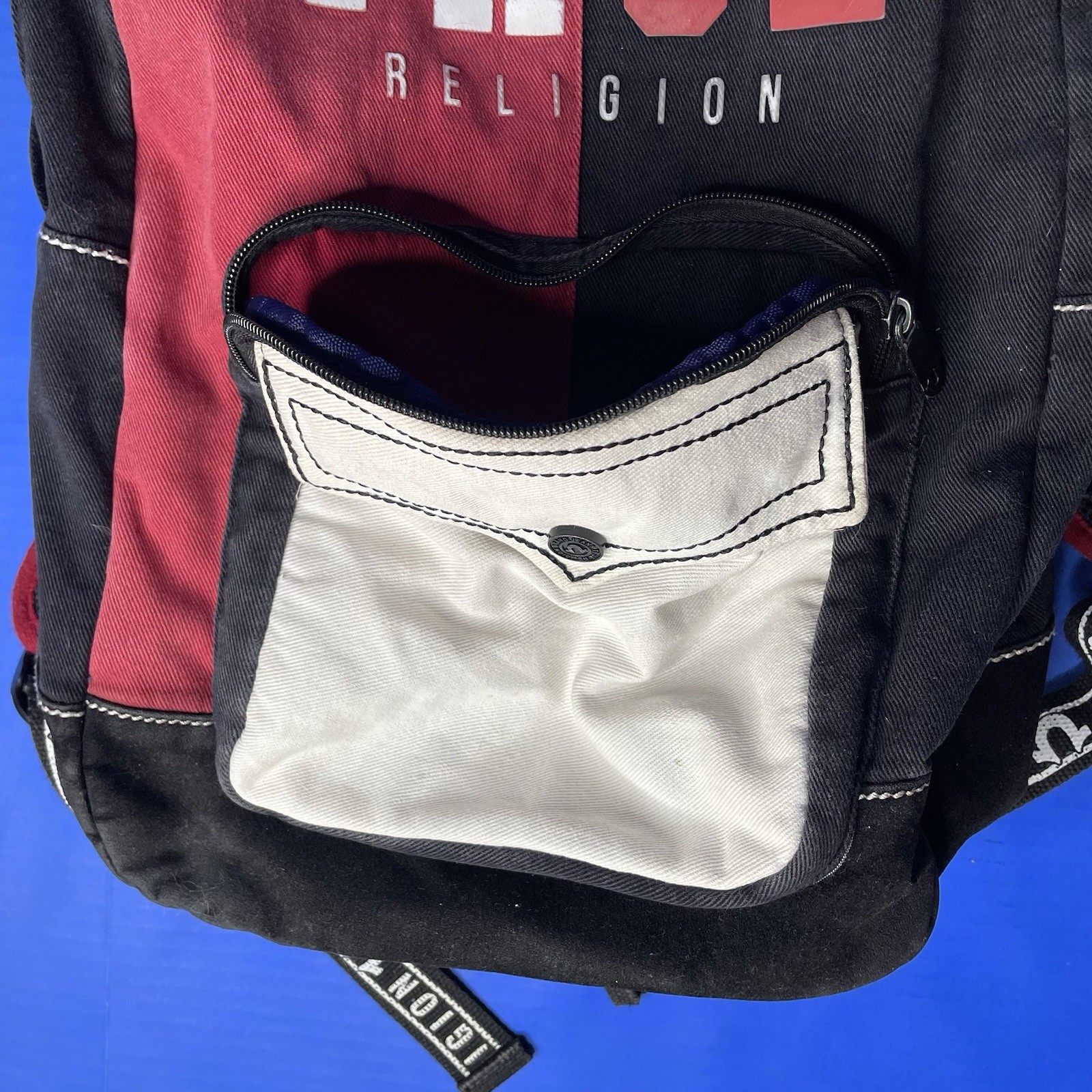 True Religion Black Red White Logo Backpack Book Bag Color Block
