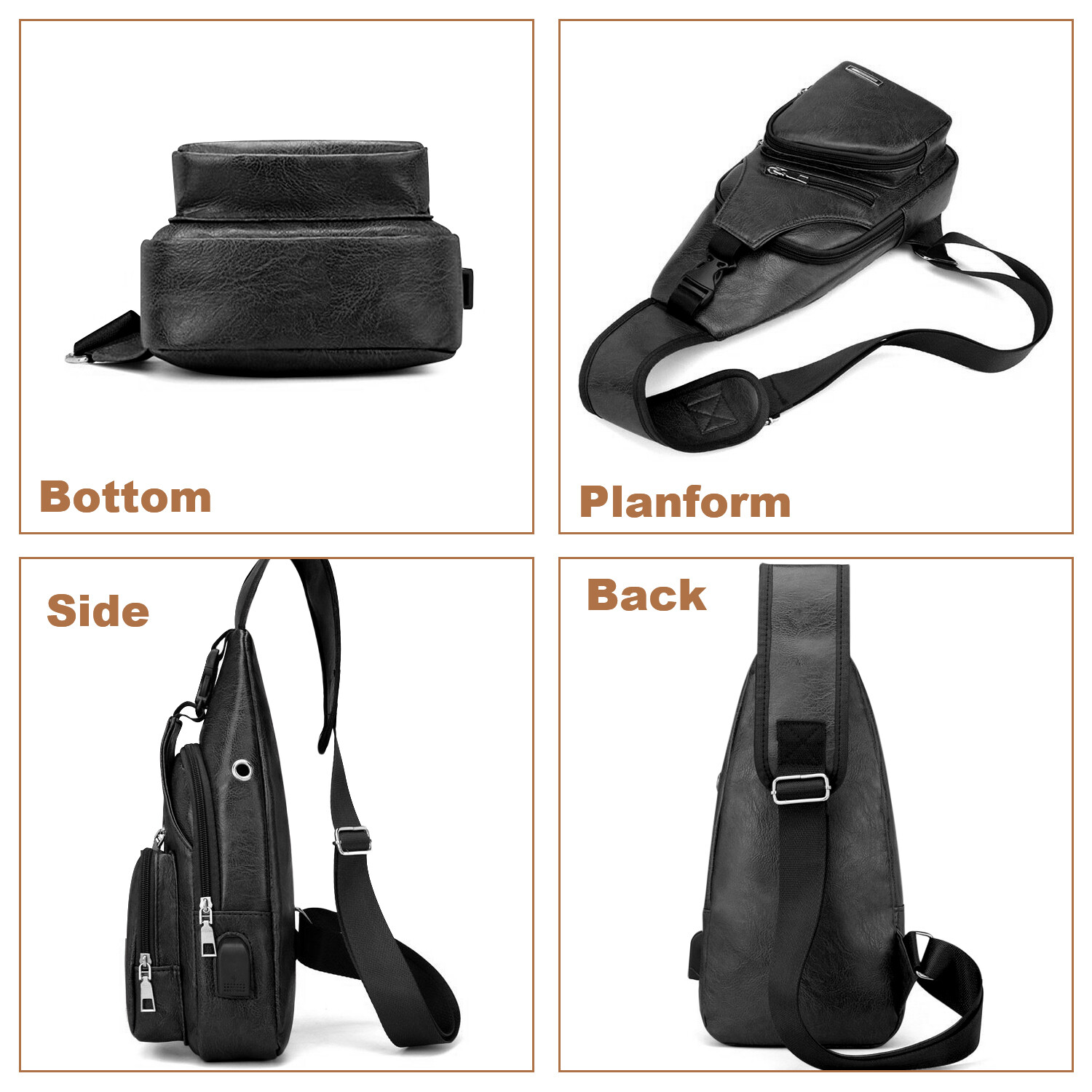 Men’s Leather Chest Bag Crossbody Bag Fashion with USB Port Sports Casual Bag