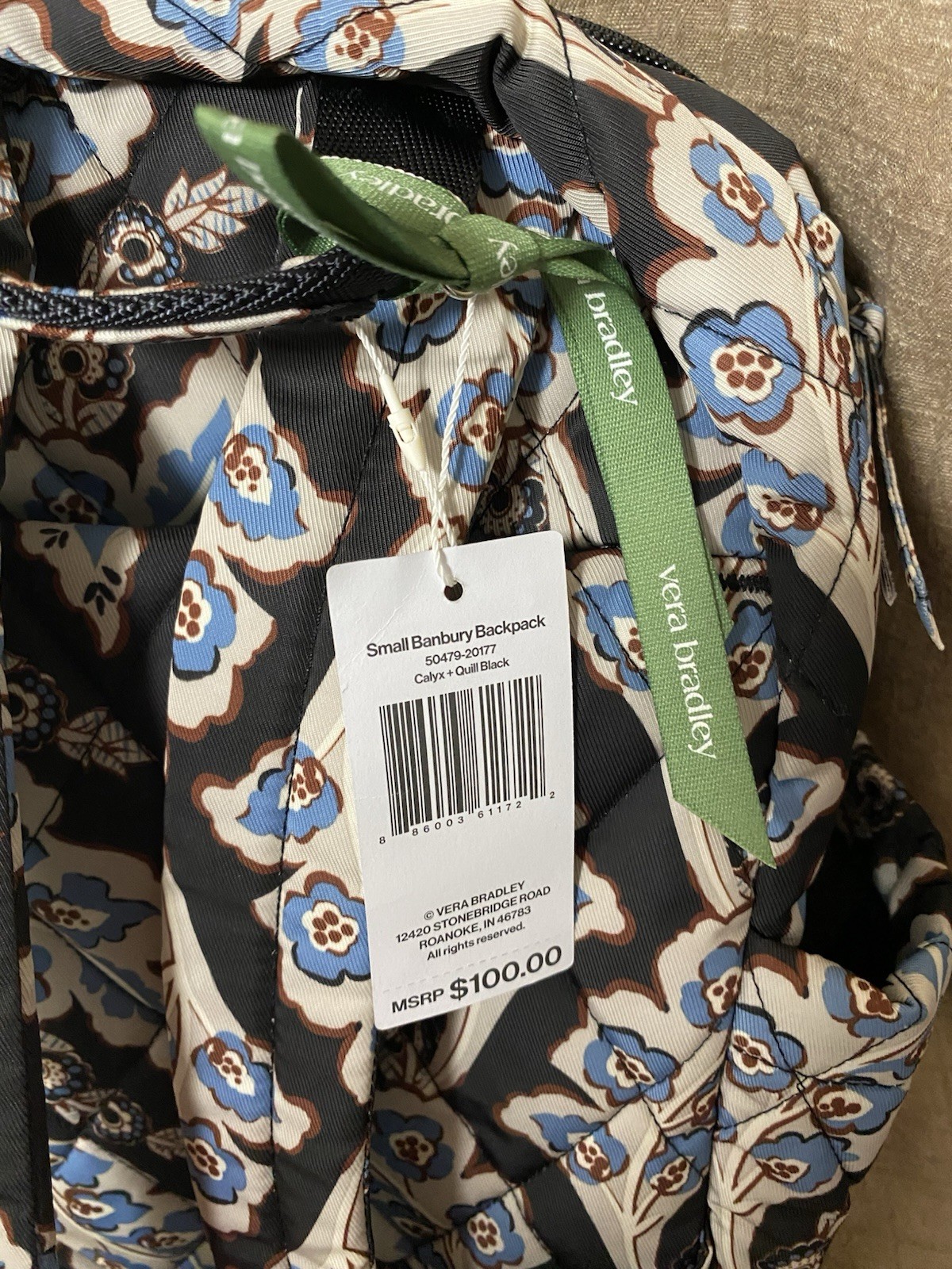 Vera Bradley Womens Small Banbury Backpack, Calyx + Quill Black NWT MSRP $100