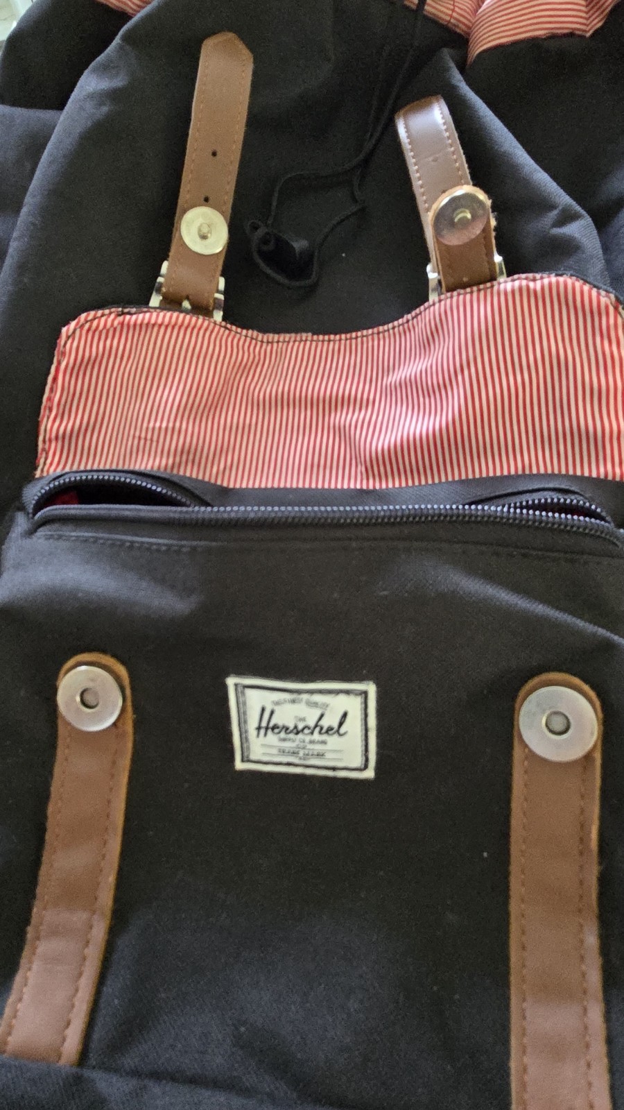 Herschel Backpack Black, Brown Straps, Red/White Striped Interior Large Flap Bag