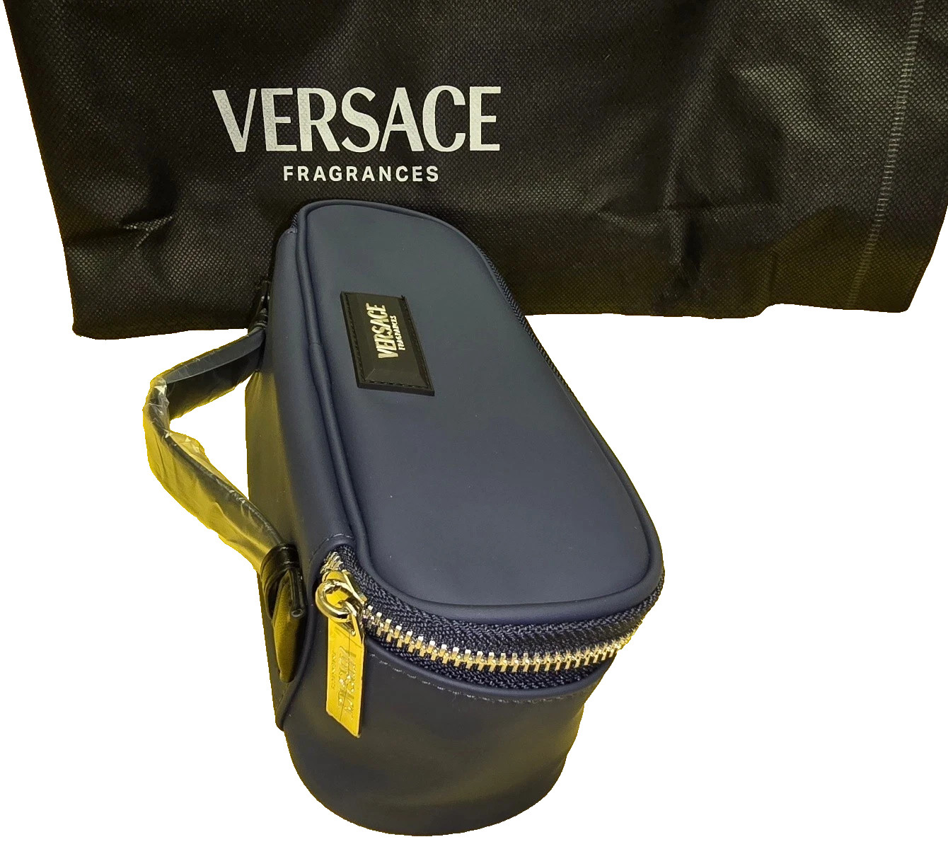 VERSACE BLUE TOILETRY ZIP UP LOGO CARRY BAG BEAUTY CASE POUCH W/HANDLE DUST BAG