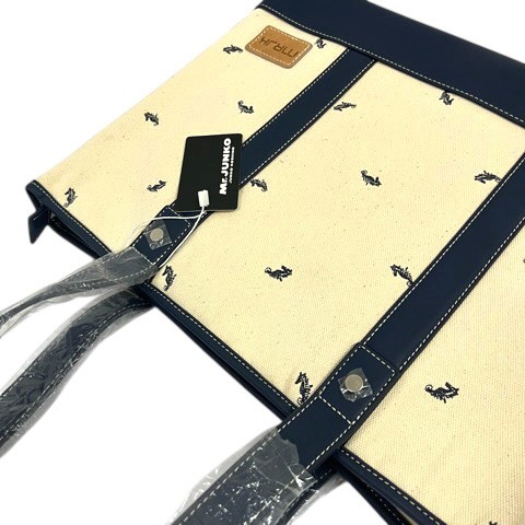MR.JUNKO Tote Bag White Navy Canvas Leather Logo Animal Pattern S/N 32cm