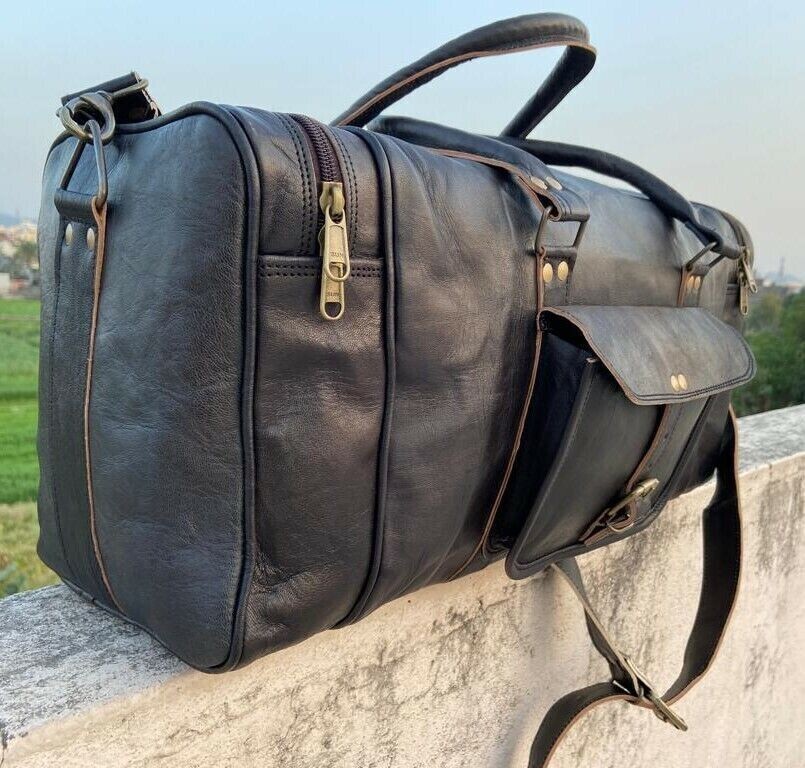 Large BLACK Duffle Men Genuine Leather Travel Luggage Gym Weekend Overnight Bag