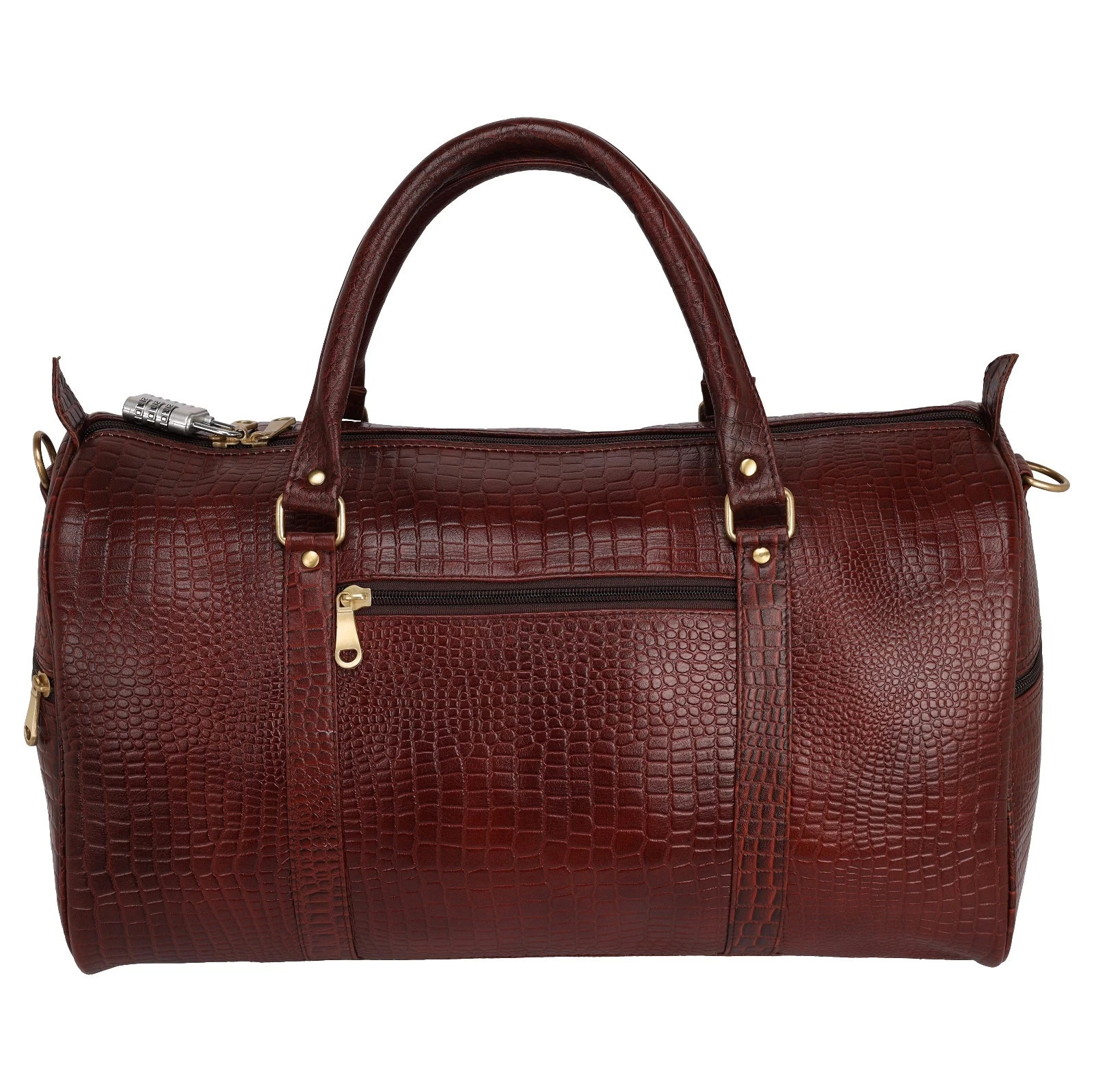 Full Grain Croco Leather Duffel Travel Bag for Holiday Weekend with Padlock
