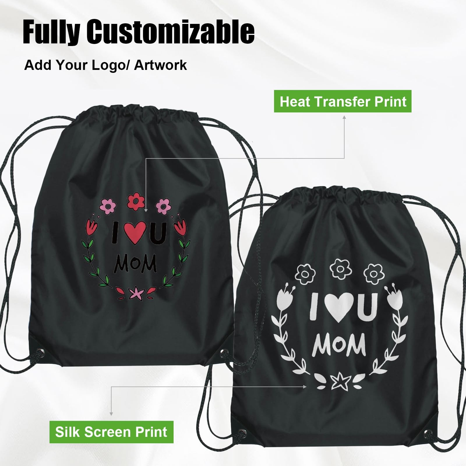 Promotional Blank Drawstring Bags, 12 Pack Sample Set, Mixed Colors (Black, W…