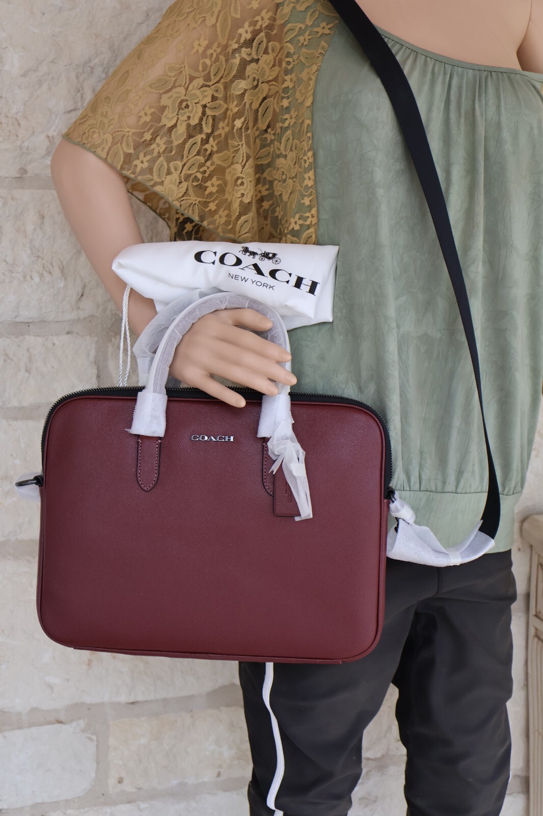 NEW Coach Liam Compact Leather Briefcase Slim Unisex WINE/black nickel Dust bag
