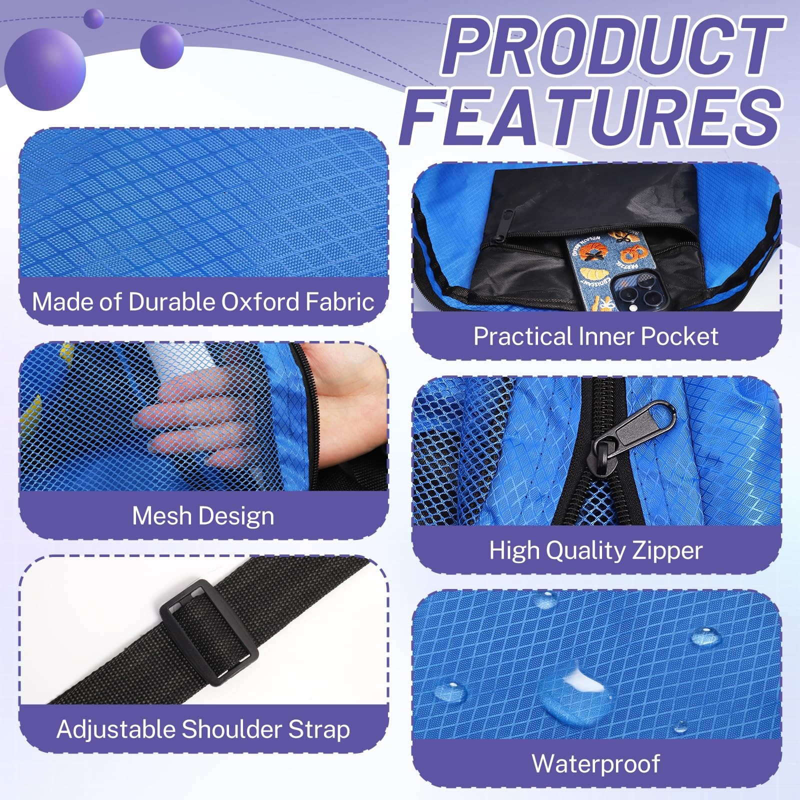 Blue Foldable Mesh Basketball Bag, Large Capacity Crossbody, Zip Storage
