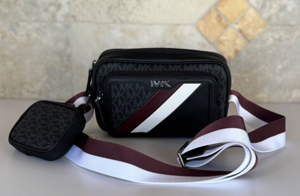 MICHAEL KORS RIVINGTON STRIPED CROSSBODY CAMERA BAG WITH POUCH OXBLOOD