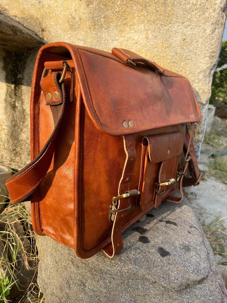 Real Goat Leather Messenger Bag Men’s Genuine Brown Laptop Satchel Briefcase