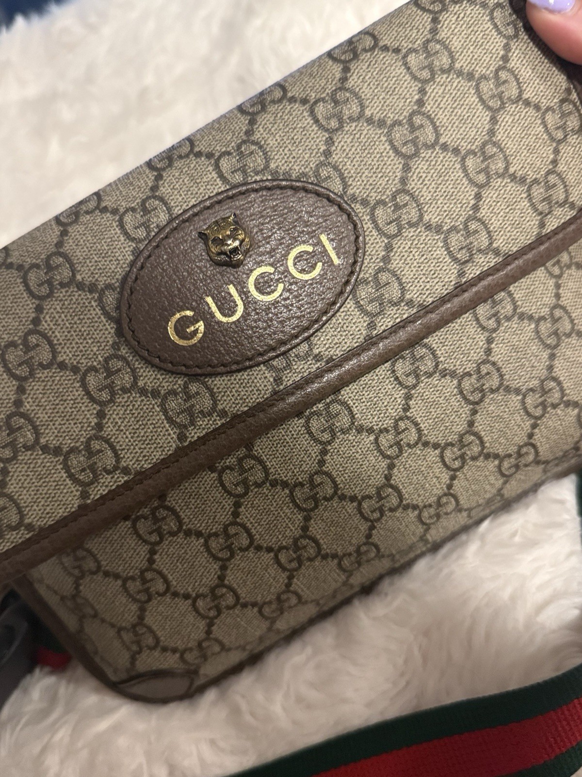 Gucci GG Pattern Belt Bag Beige Brown Green Red Web Strap Buckle Closure
