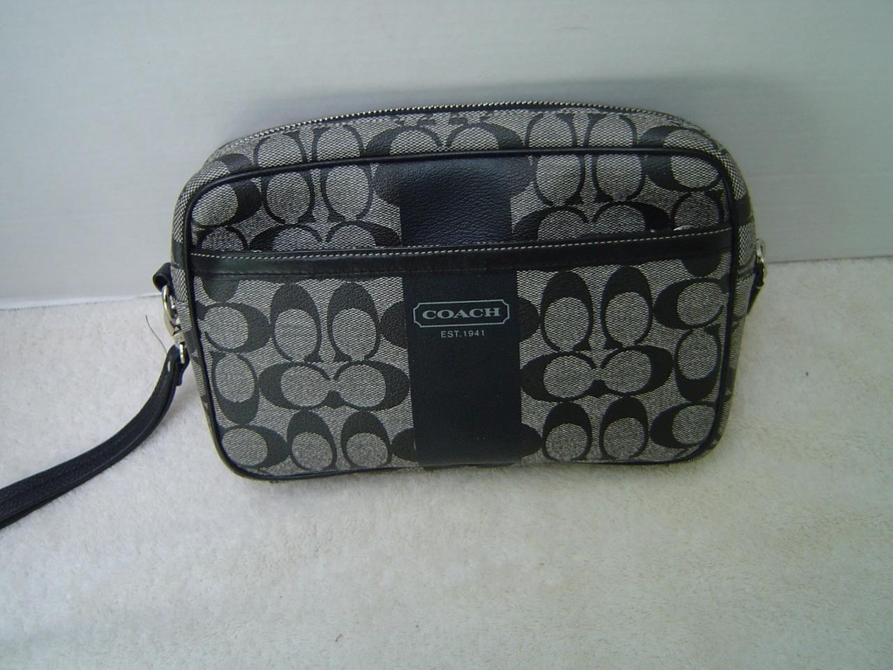 AUTHENTIC COACH MENS BLACK AND WHITE SIGNATURE STRIPE LARGE POUCH #77277 VGC