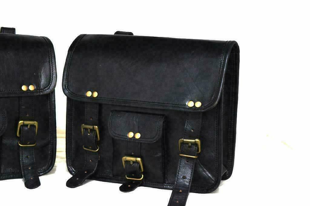 Bags Left & Right Saddlebags Motorcycle Pouch Black Leather Two Panniers Saddle