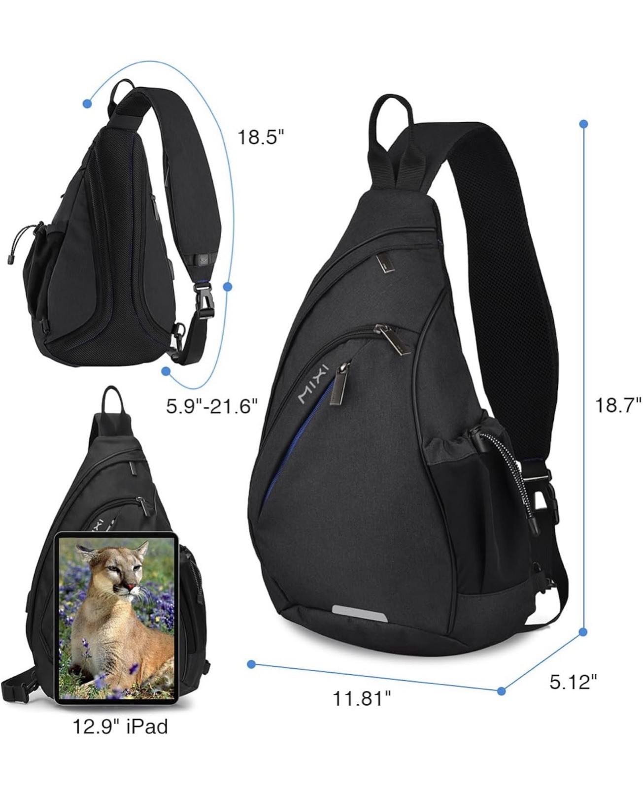 Mixi Sling Backpack with USB port Black Nylon 17 inches New Type M5225 USED 1x
