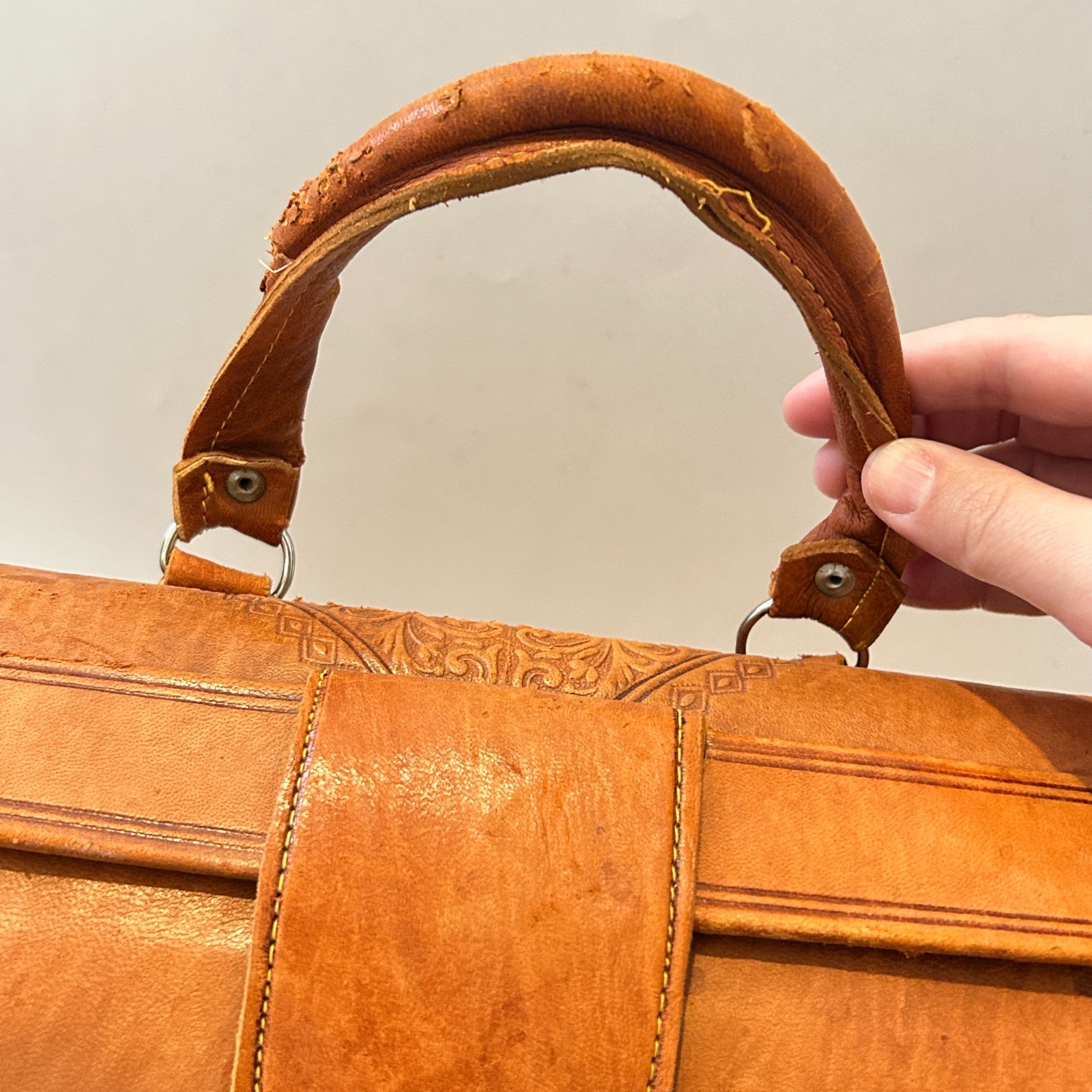 Vtg Egyptian Tooled Leather Suitcase Overnight Satchel Bag Handmade OOAK