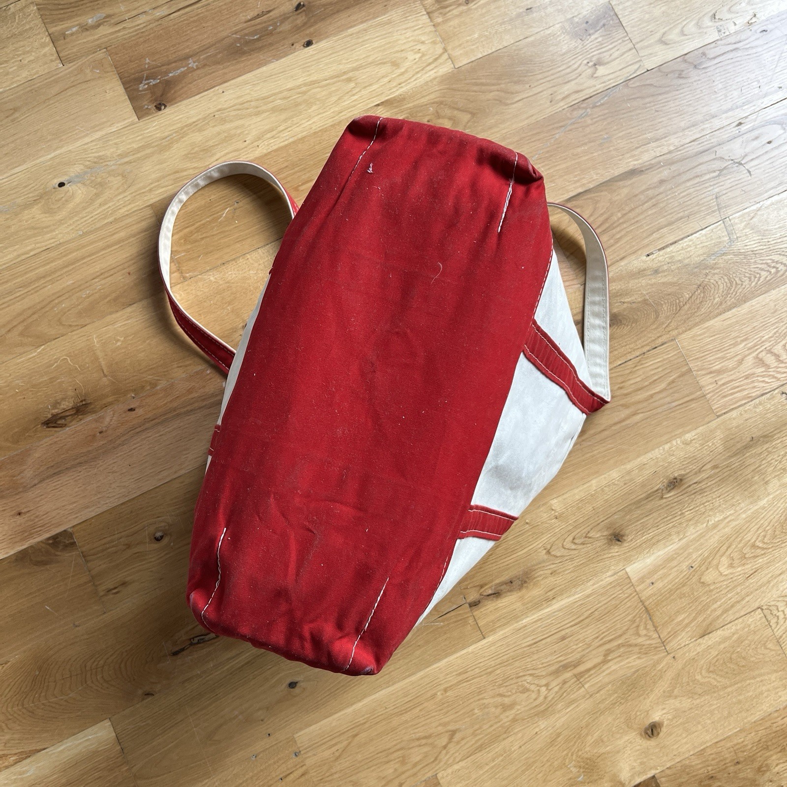 Vintage 90’s 00’s LL Bean Boat and Tote Bag Large Ivory Red Canvas USA Stained