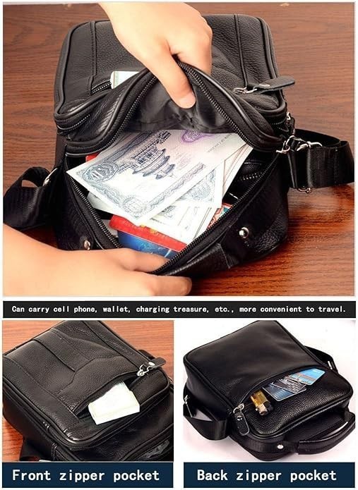 Men Leather Shoulder Bag Durable Crossbody Messenger Front Back Pockets Business