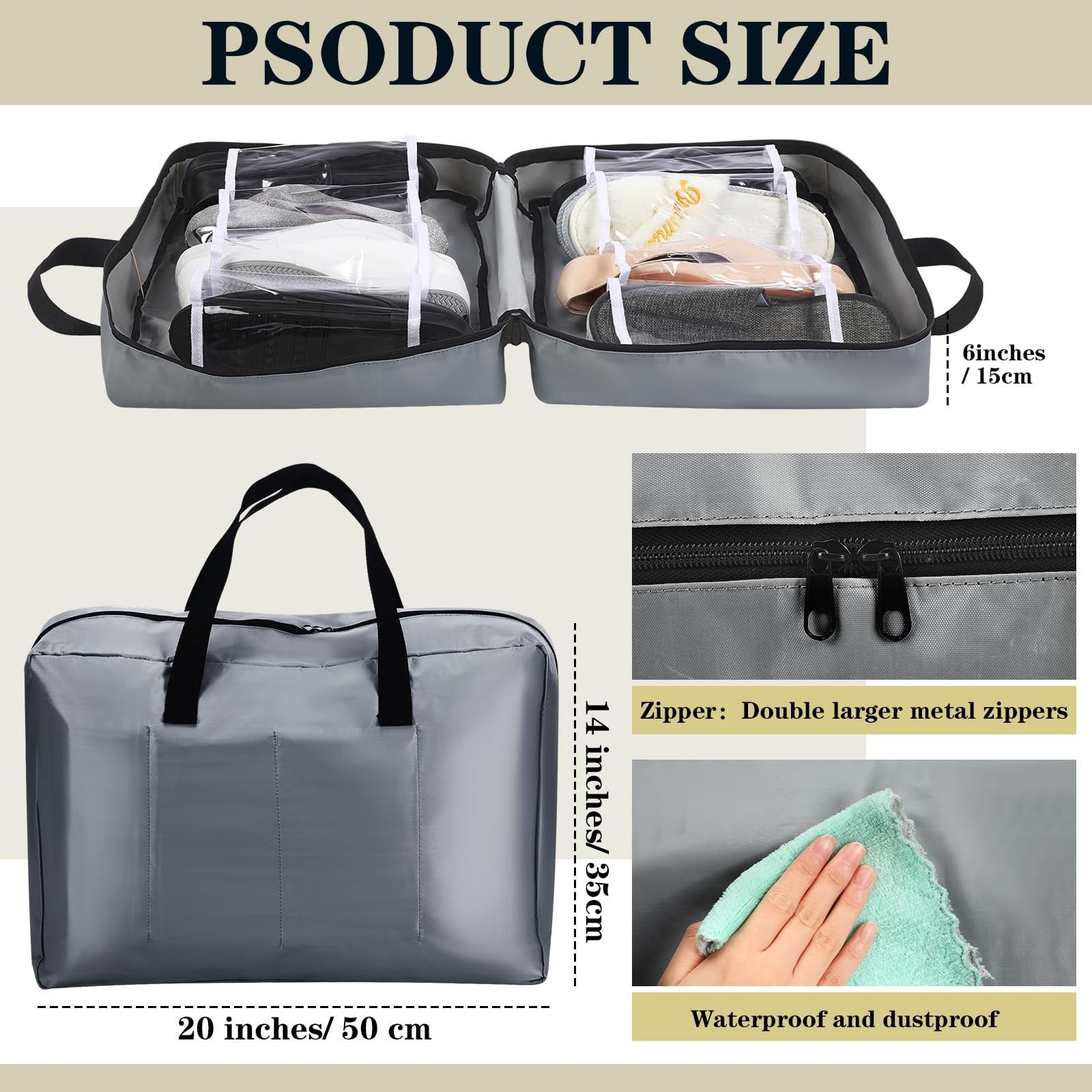 Vinsatin 2 Pcs Shoe Bags for Travel with Handle Zipper Light Gray, Beige