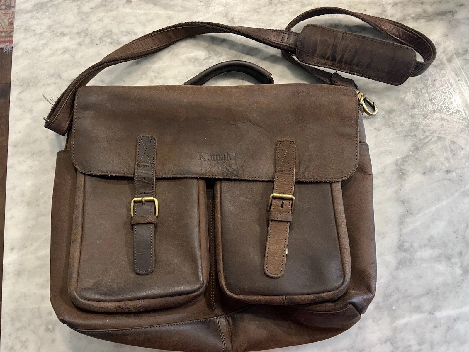 KomalC 16in Unisex Handmade in India Shoulder Messenger Laptop Briefcase Brown