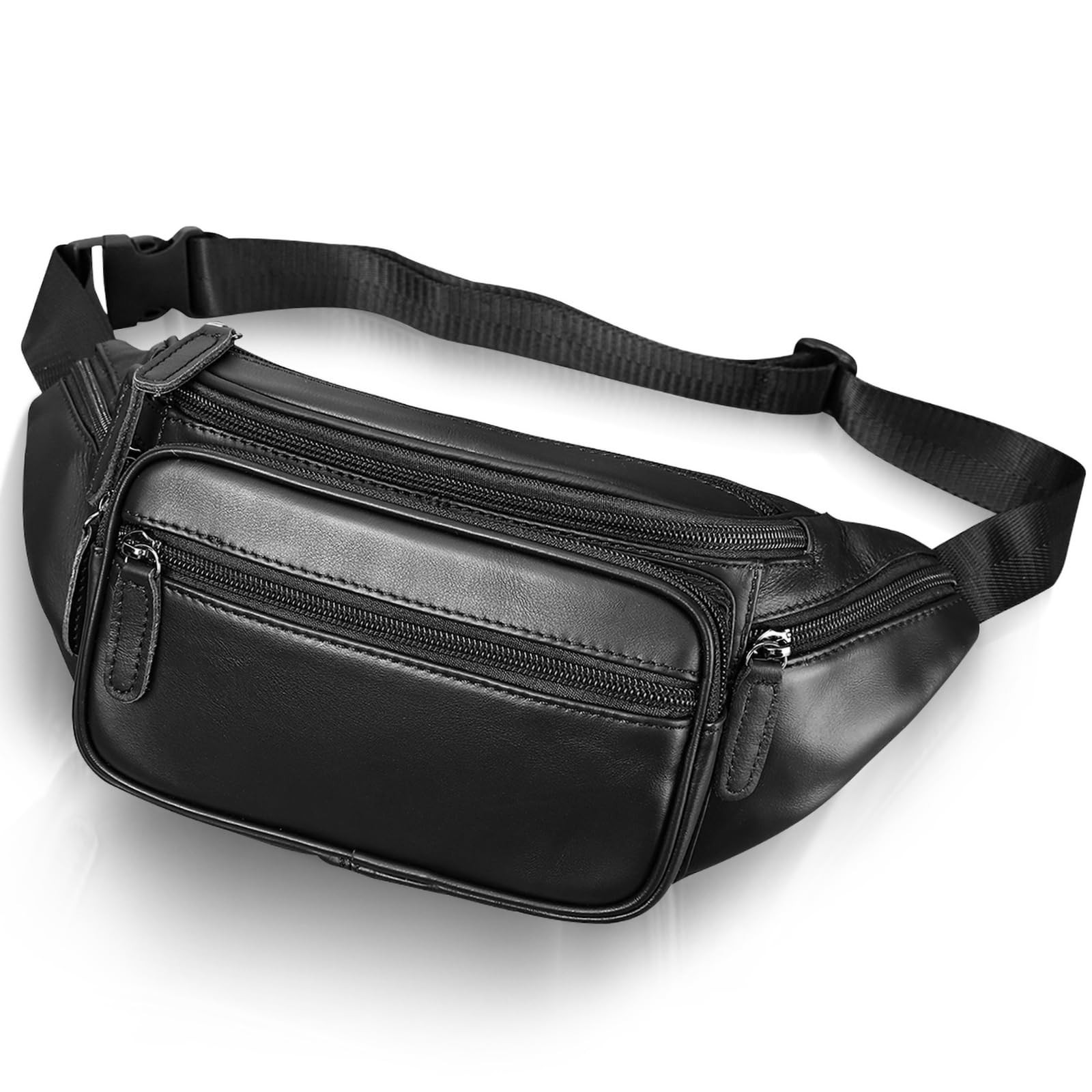 Genuine Leather Fanny Pack Men Women MultiPockets Sling Waist Bag Black