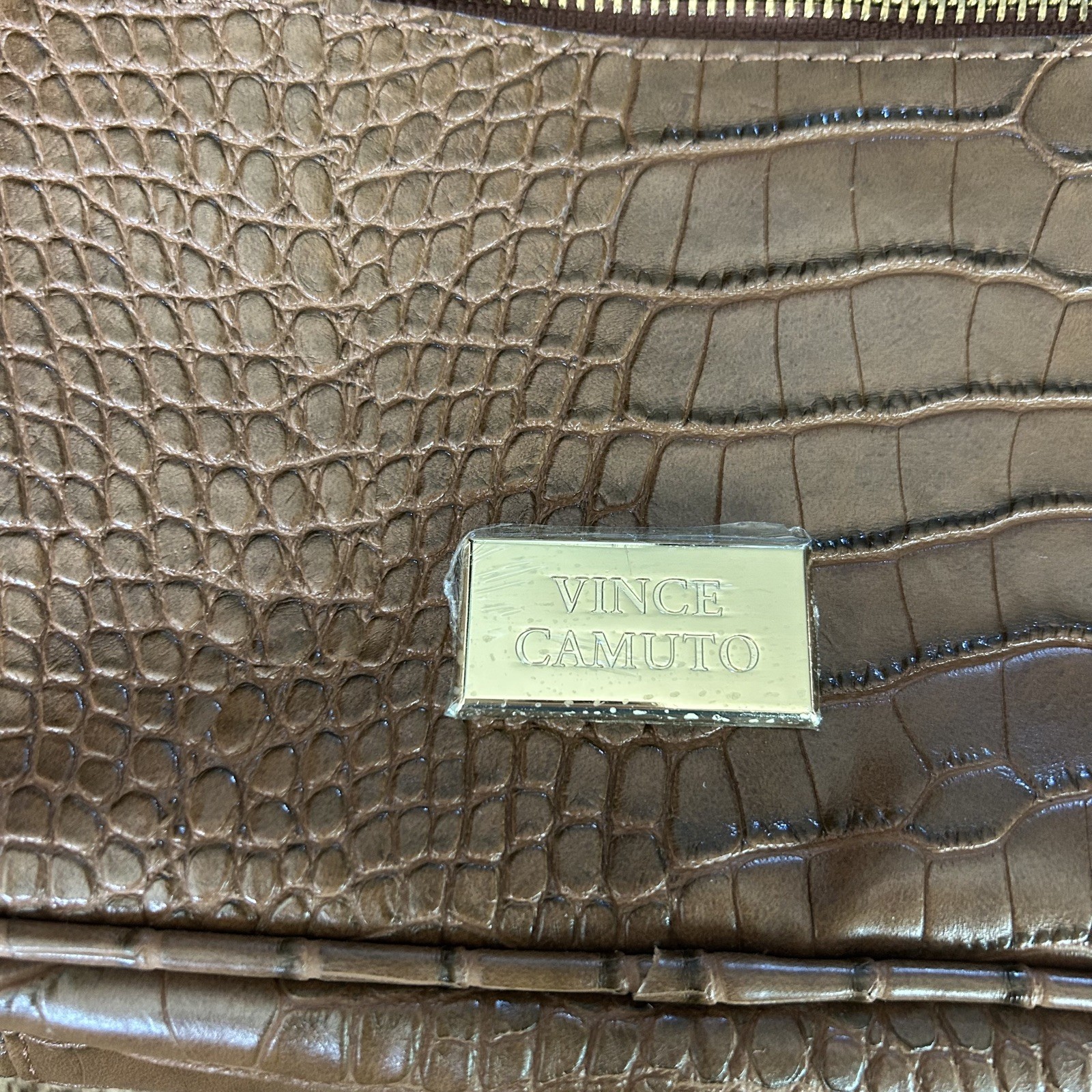 Vince Camuto Brown Crocodile Embossed Zip Around Toiletry Bag w Handle