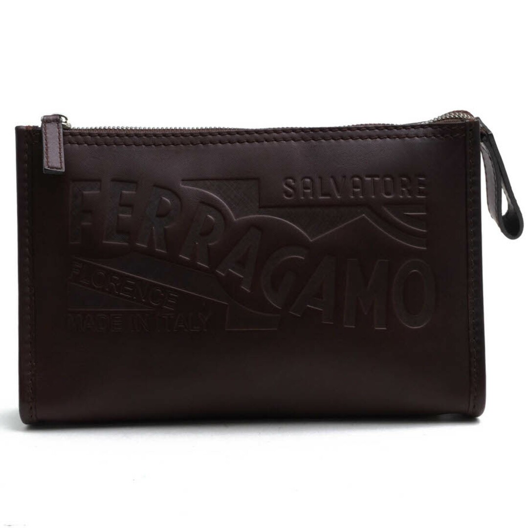 Ferragamo Men’s Business Second Clutch Bag Brown Leather Logo 22.5x14x5cm