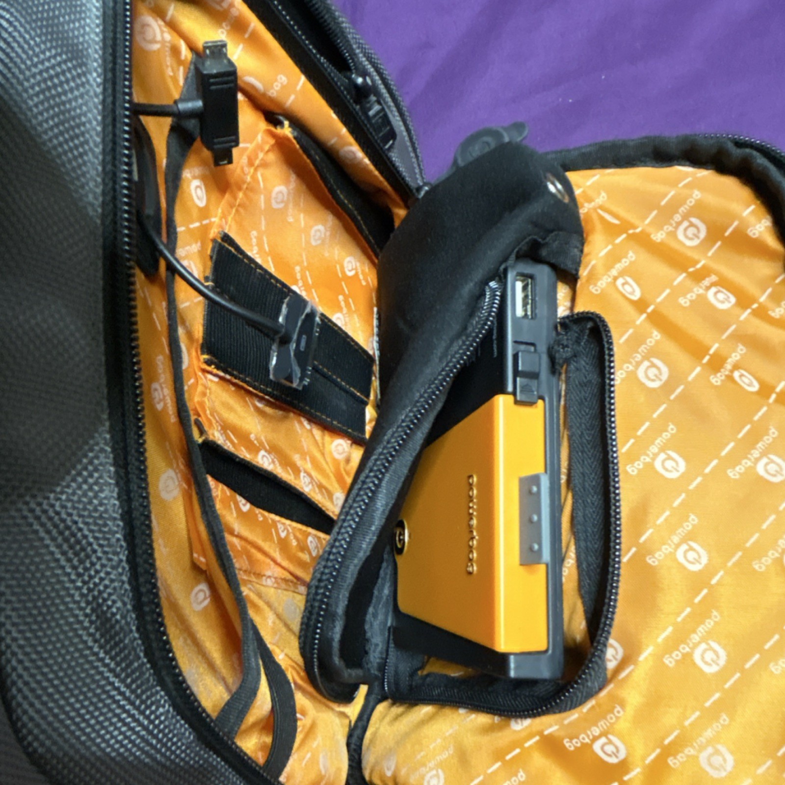Powerbag Gray Sling Backpack Crossbody w/ Powerbank, Zip Pockets Travel
