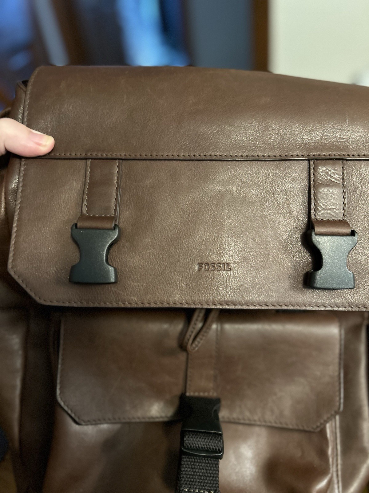 Fossil Brown Backpack Drawstring Flap Buckle Top Handle Outer Pockets Laptop