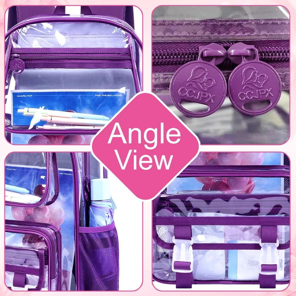 3PCS Clear Backpack Heavy Duty, See Through School Bag for Women, Deep Purple…