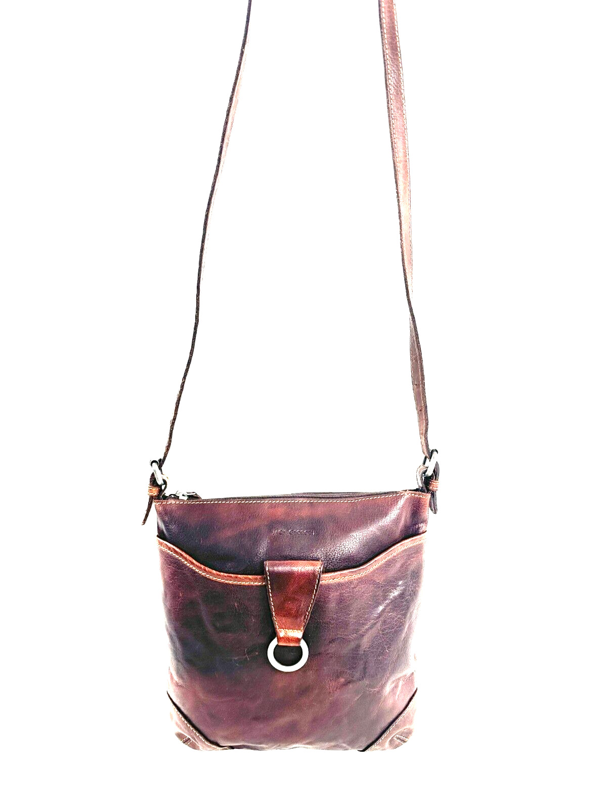 Jack Georges Brown Hand Stained Buffalo Leather Large Crossbody Bag Front Pocket