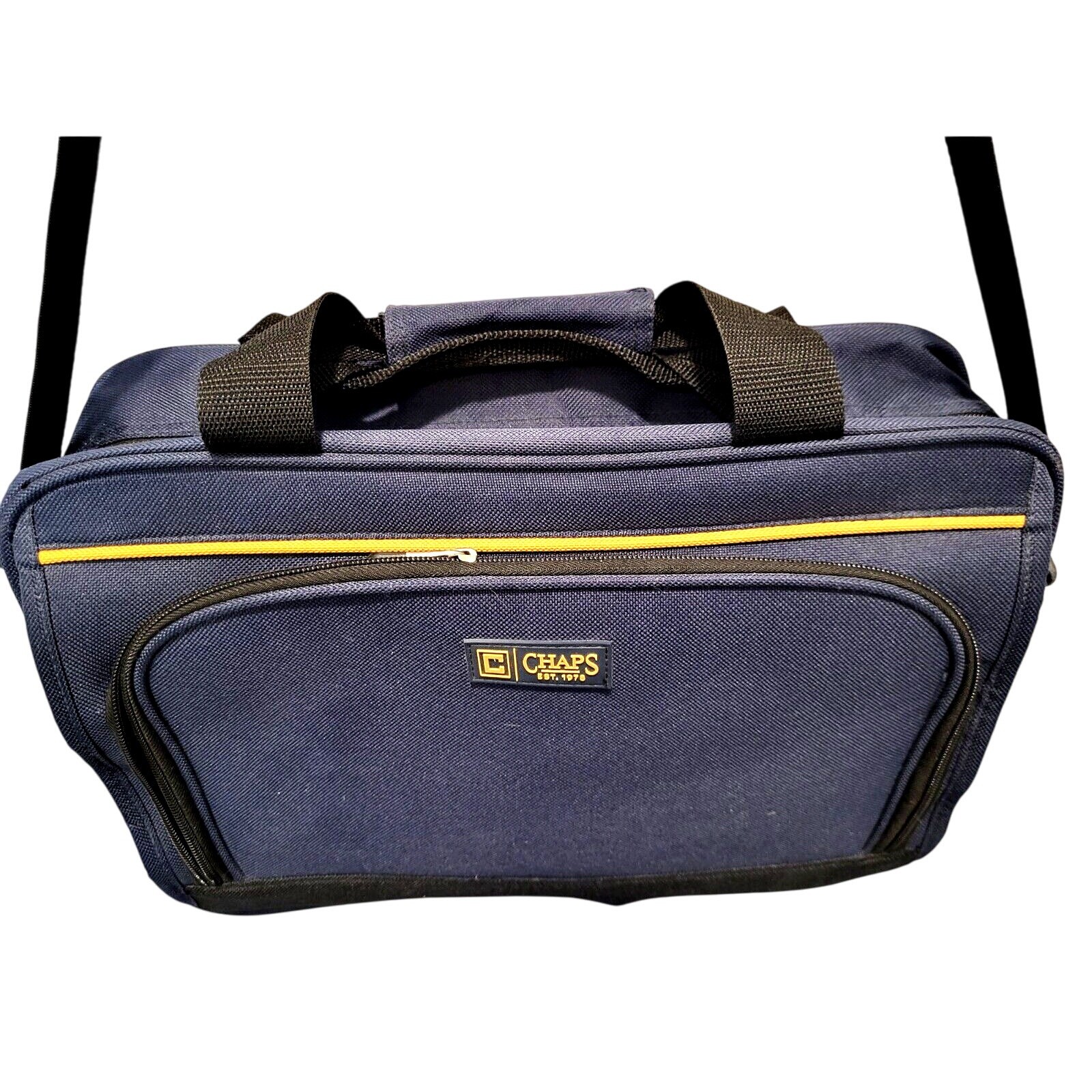 CHAPS Navy Carry-on Overnight Bag Yellow Accents Pockets Handles Shoulder Strap