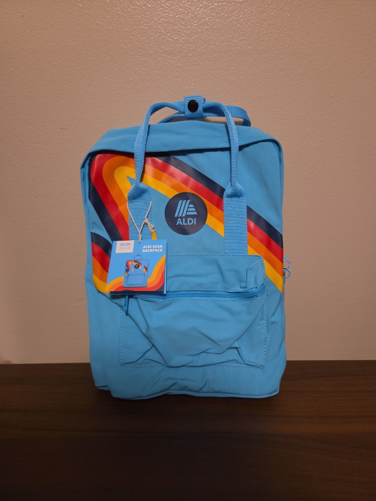 Aldi Gear Blue Rainbow Backpack with Laptop Sleeve Side Pockets Bright Logo NWT