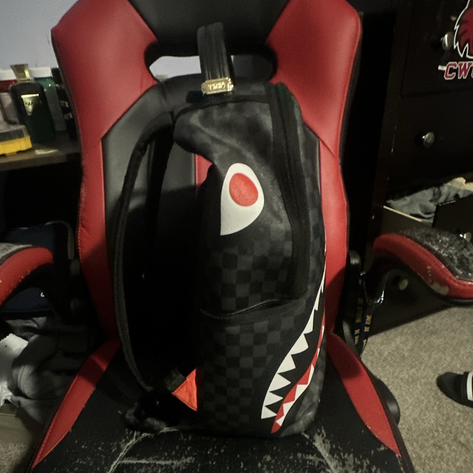 Sprayground Peanuts Snoopy Shark Backpack Black Checkered Red Interior