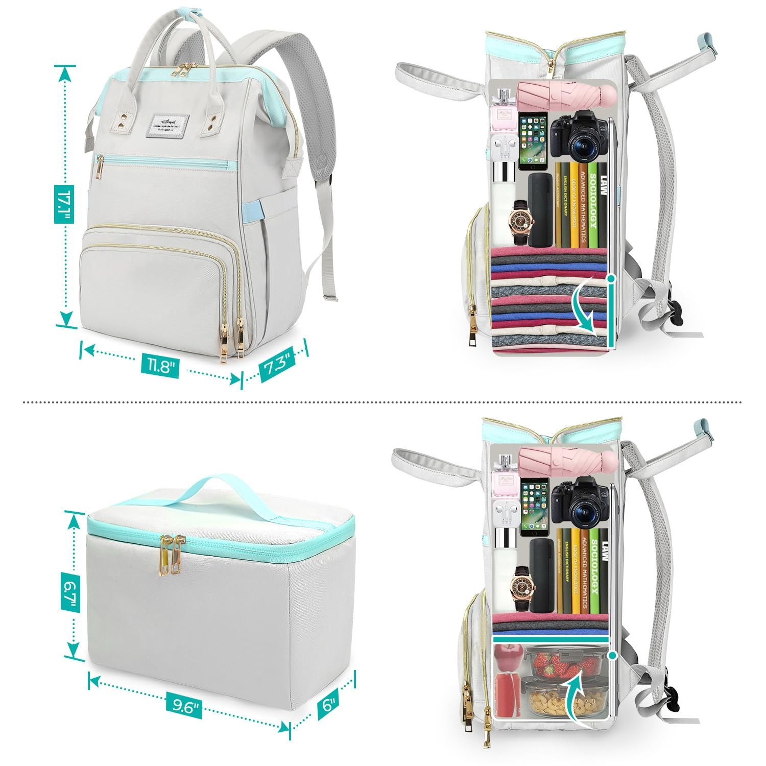 15.6 Inch Grey Blue Lunch Backpack Laptop USB Port Insulated Cooler Bag Tote